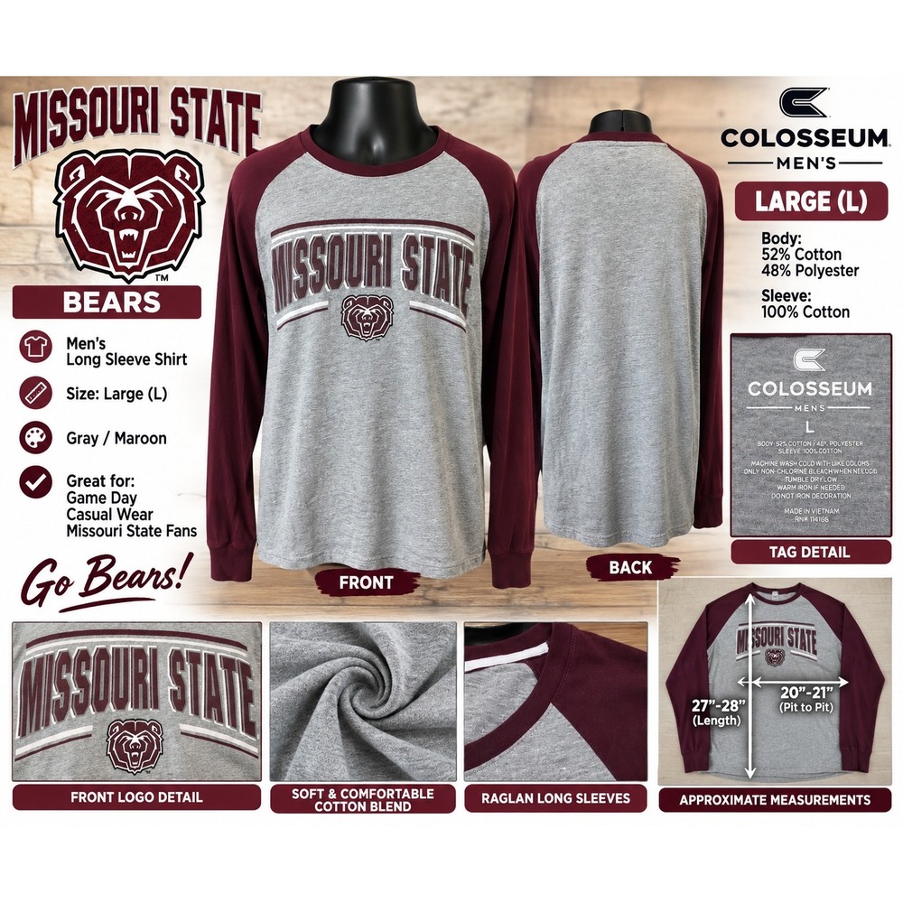 Colosseum Missouri State Bears Mens Large Gray Maroon Raglan Long Sleeve Shirt